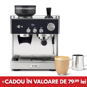 espressor Barista Signature cu pahar de cappuccino si cana metalica pe fundal alb