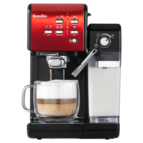 espressor prima latte 2 rosu cu cana de cafea si lapte