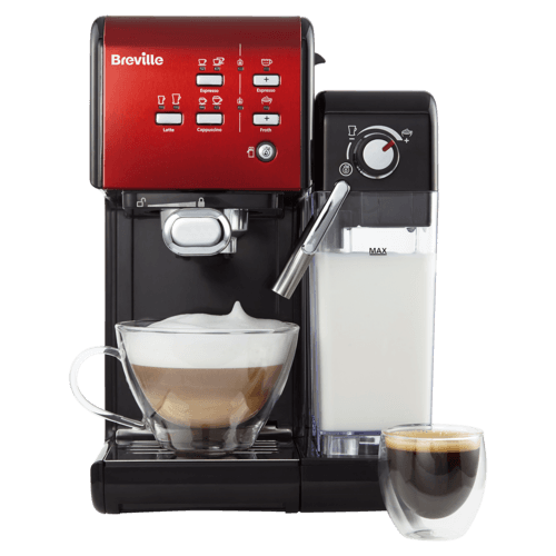 espressor prima latte 2 rosu cu pahare de cafea