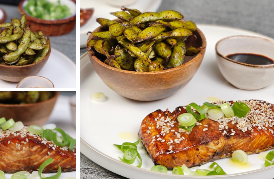 Somon teriyaki și edamame