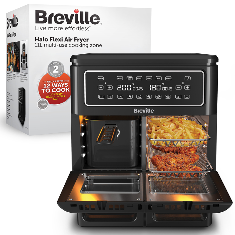 Airfryer, friteuză dublă cu aer cald, Halo Flexi, Digital, 11L