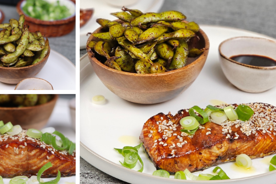 Somon teriyaki și edamame